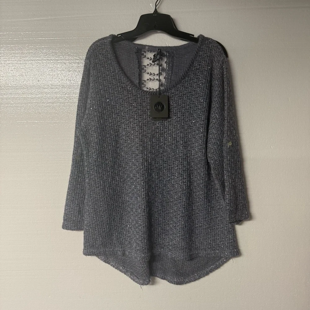 M Made In Italy Sweater Women L Blue Knit Sparkly Sequin V Neck Lace Floral Back - Picture 1 of 9